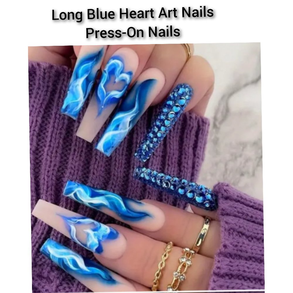 long blue heart art nails-press on nails
